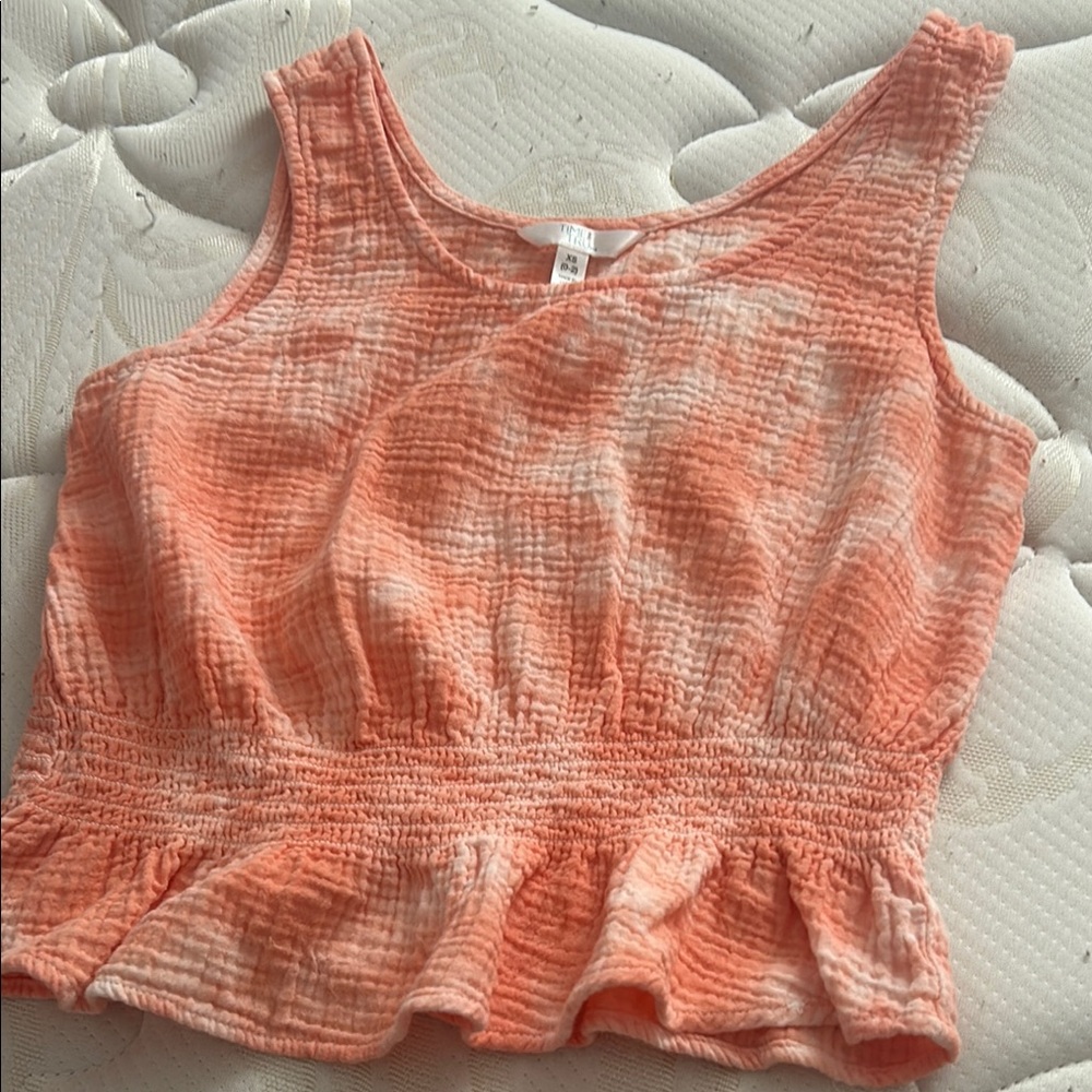 Peachy Coral Tank Top with Smocked Peplum and Rounded Neckline